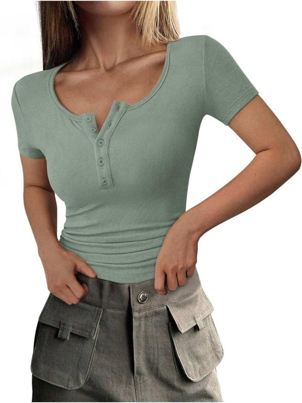 Women's Light Green Short Sleeve Ribbed Henley Button Slim Fit Casual T Shirts